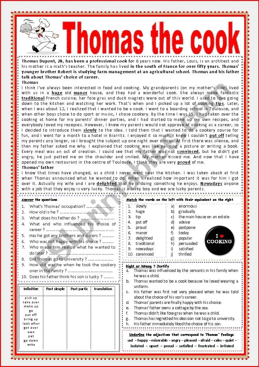 Thomas The Cook Reading Comprehension ESL Worksheet By Karagozian