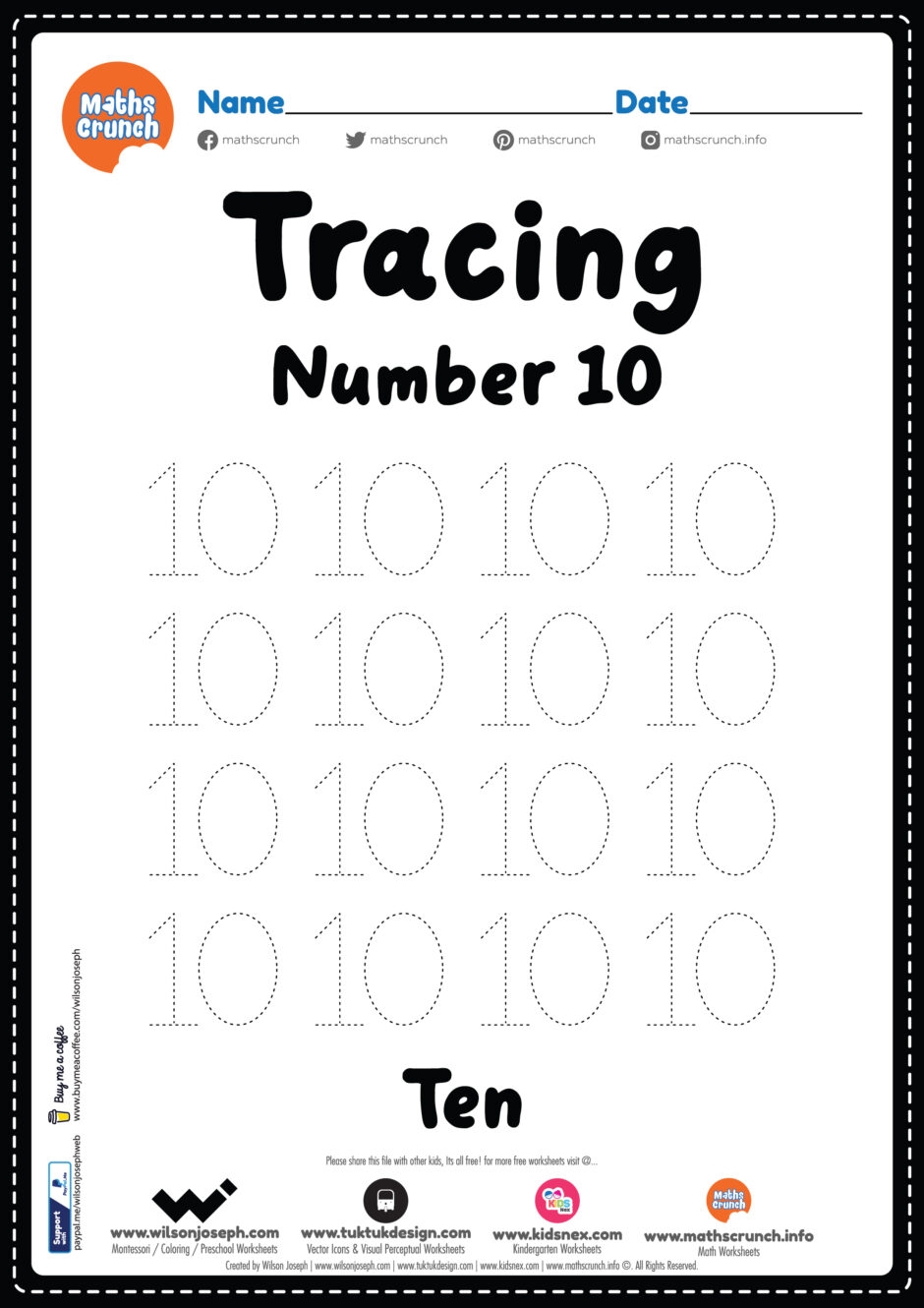 Tracing Number 10 Kindergarten Worksheet Free Printable PDF