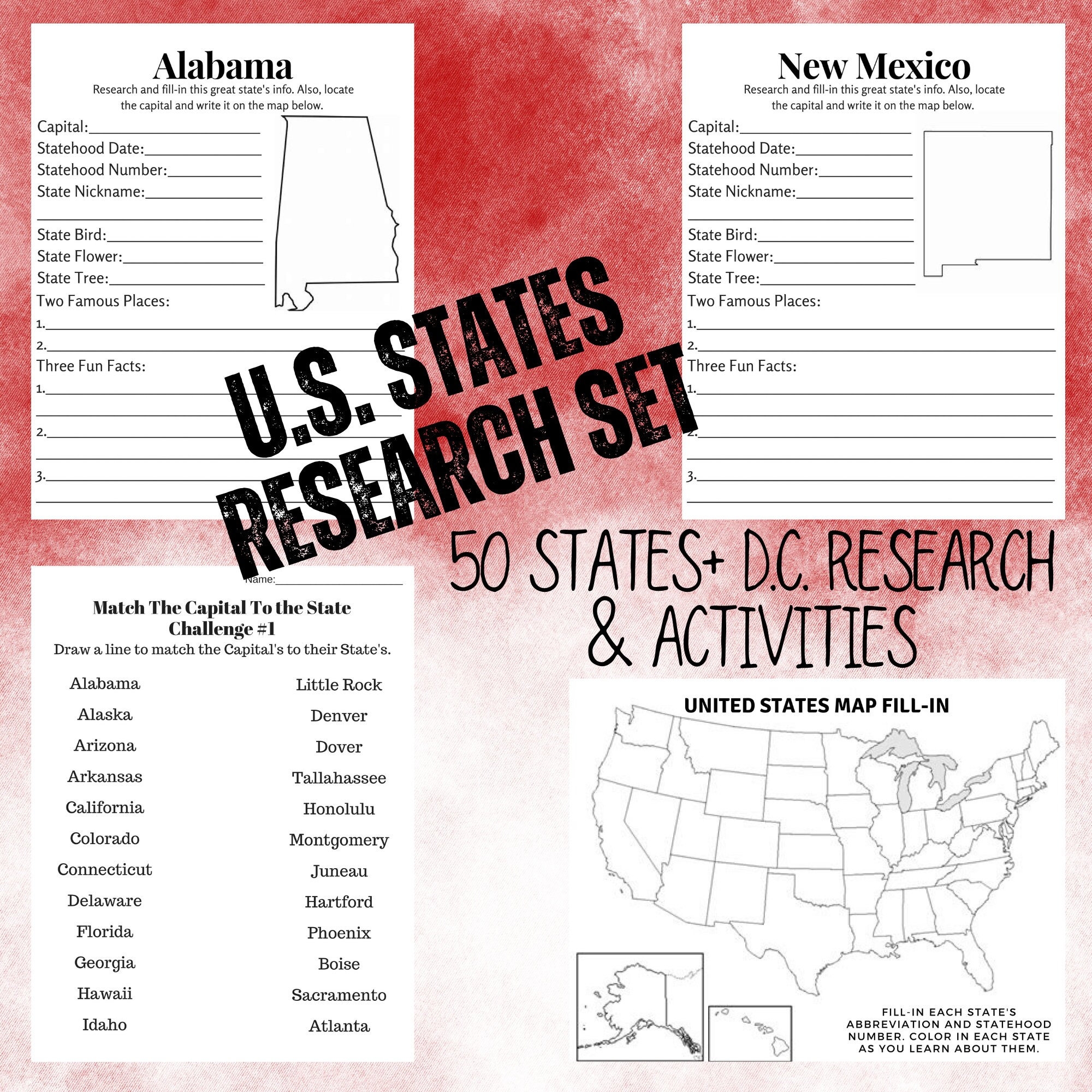 USA States Research Study Set US History Social Studies Worksheets 