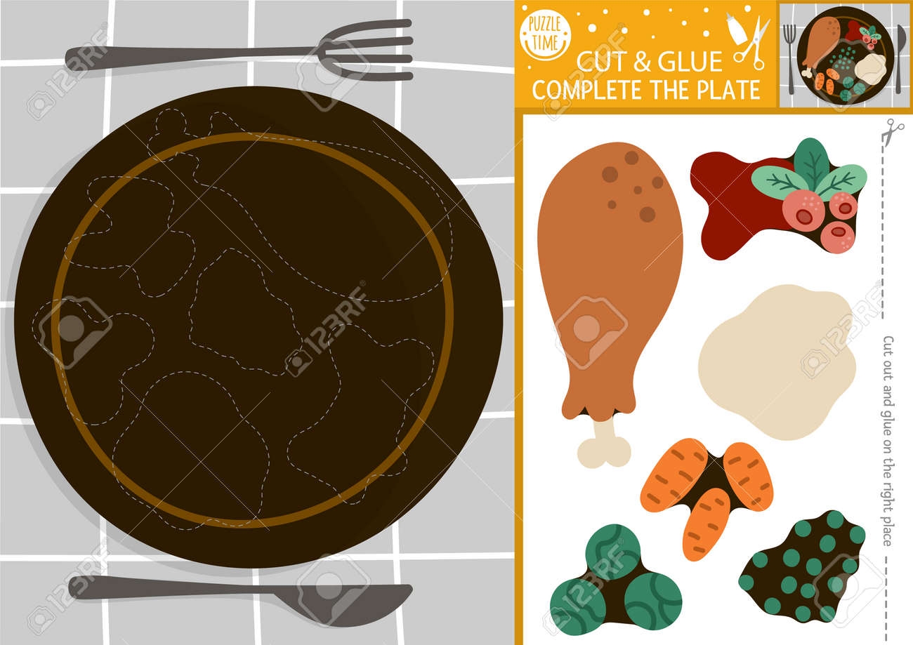 Vector Thanksgiving Or Christmas Cut And Glue Activity Autumn Crafting Game With Dish Fork Knife Holiday Food Fall Printable Worksheet For Kids With Turkey Sauce Veggies Complete The Plate Royalty Free SVG 