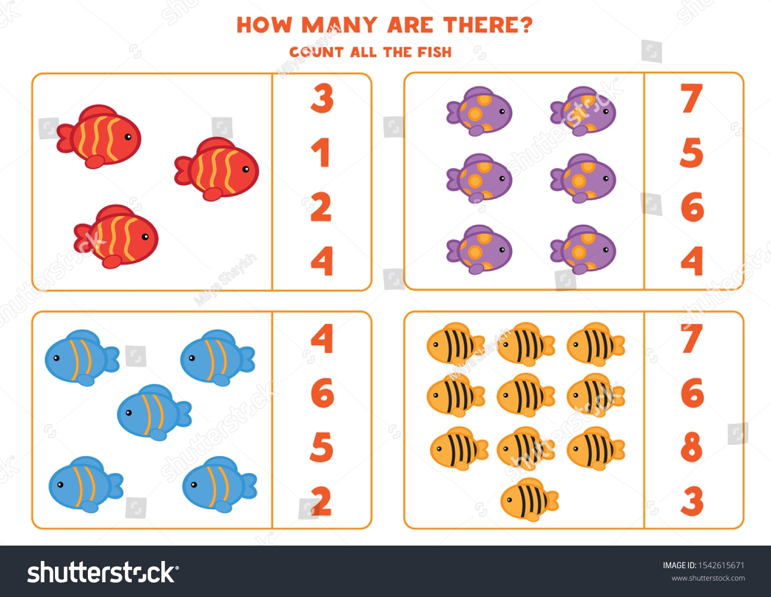 Vektor Stok Educational Worksheet Preschool Kids Count Fish Tanpa Royalti 1542615671 Shutterstock