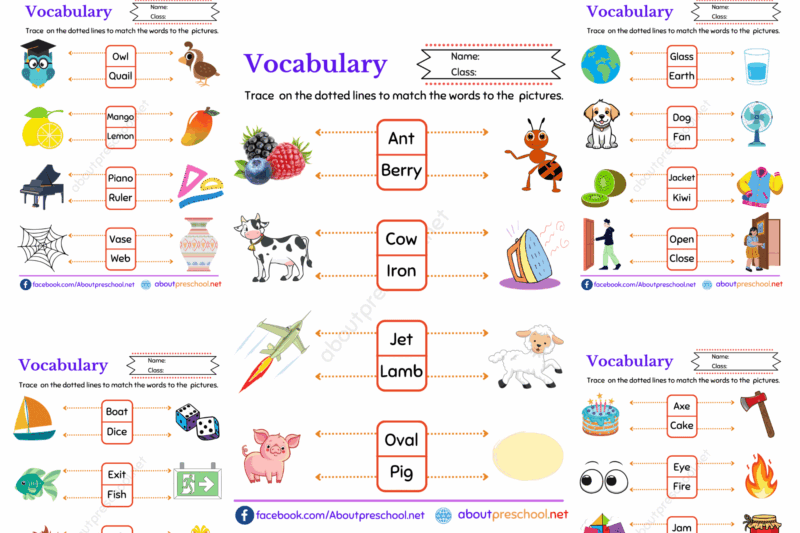 Pre Kindergarten Vocabulary Words Worksheets