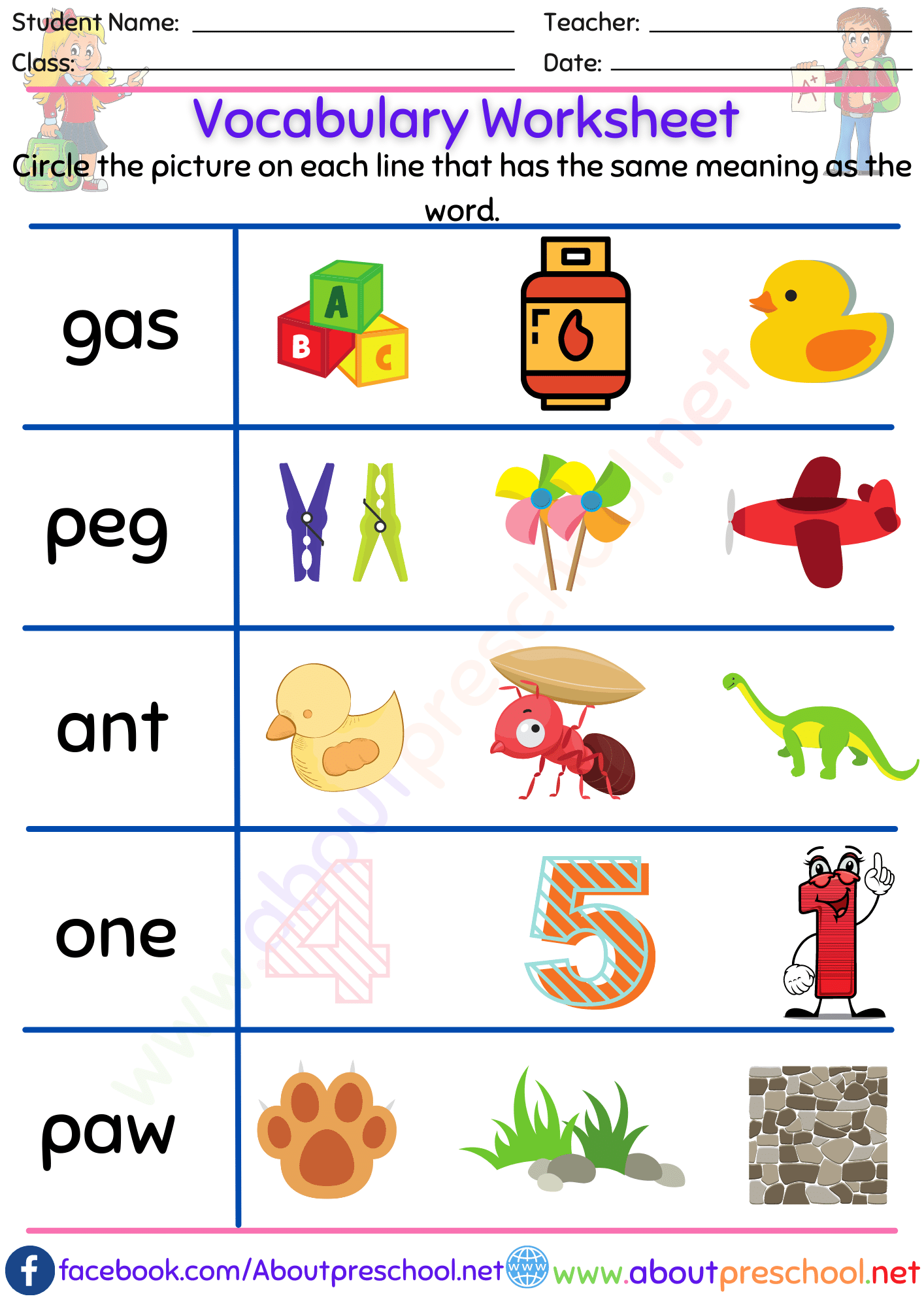 Pre Kindergarten Vocabulary Words Worksheets
