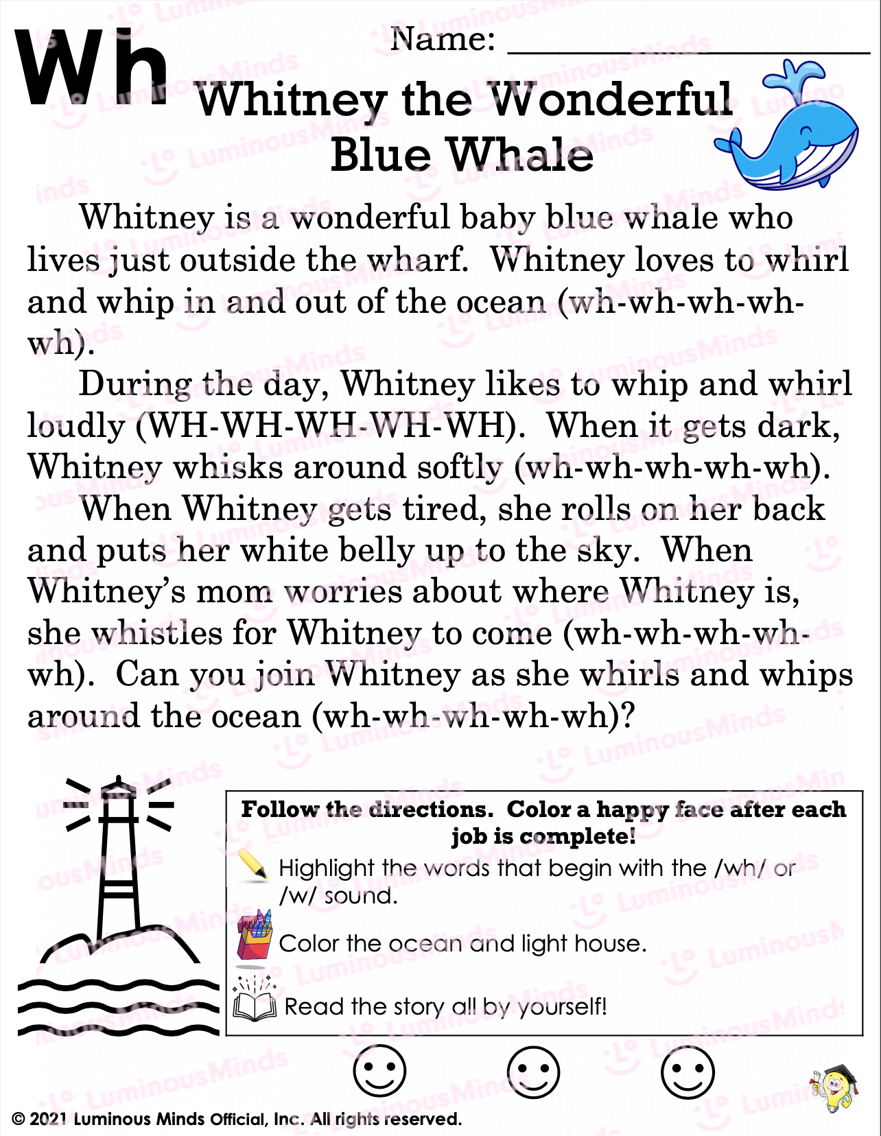 Whitney The Wonderful Blue Whale Reading Practice With Digraph wh