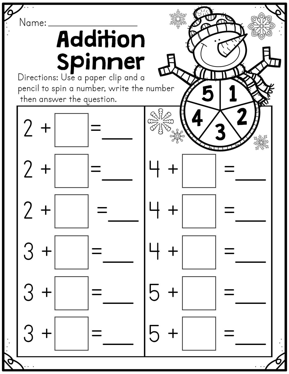 Winter Addition Spinner Worksheet Made By Teachers