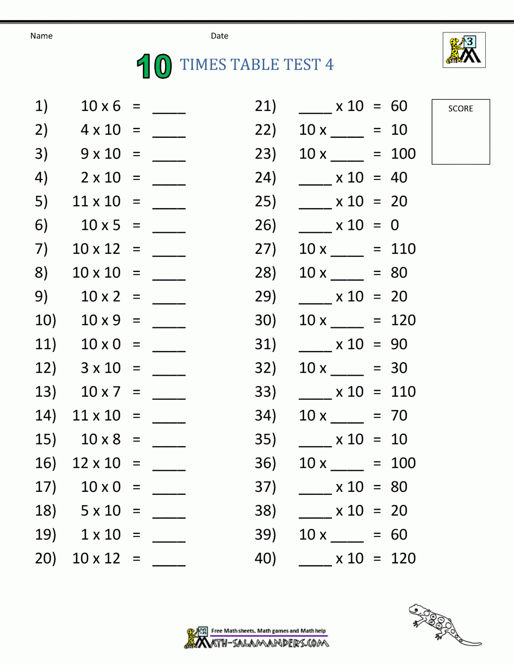 10 Times Table Worksheet Page 10 Times Table Worksheet Page