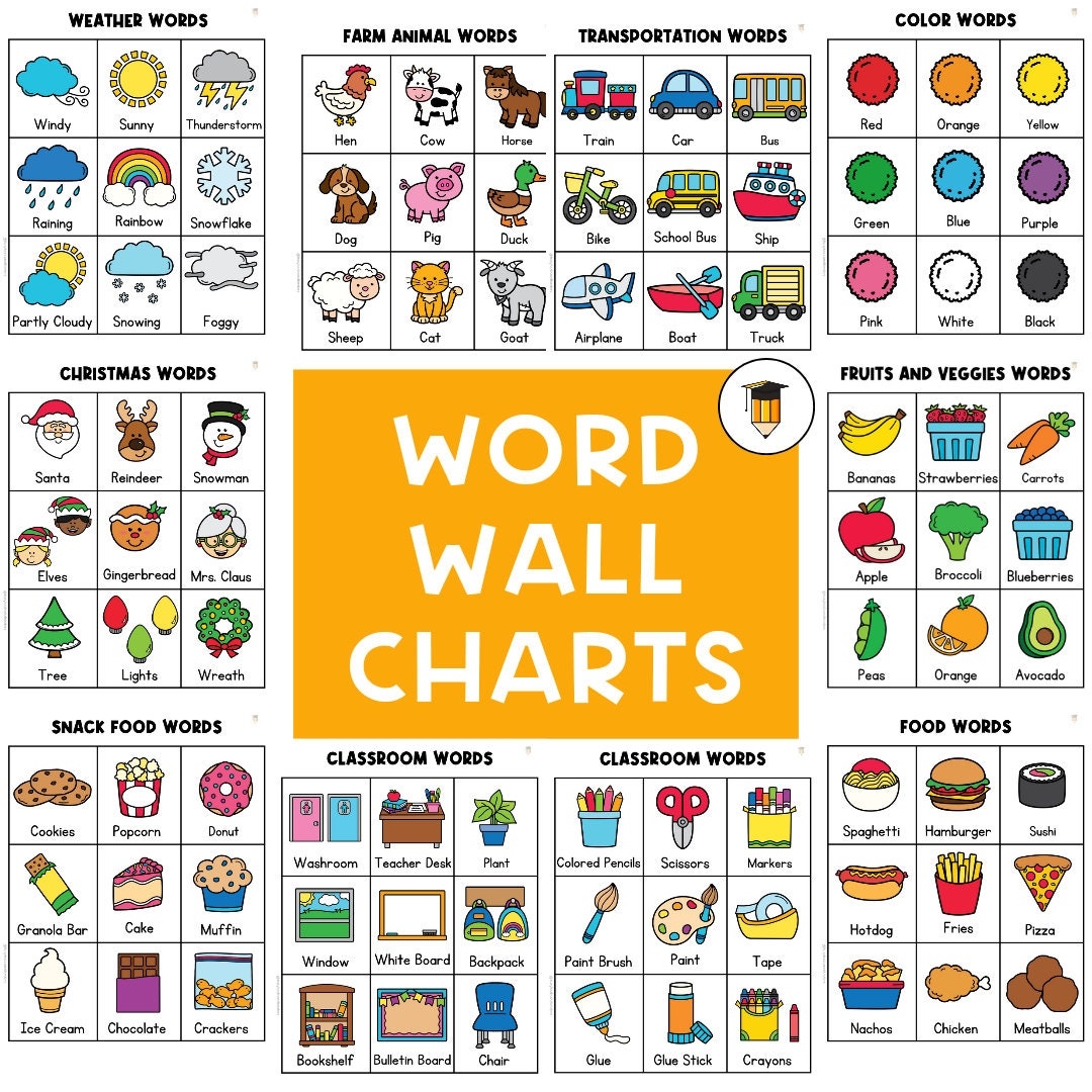 12 WORD WALL CHARTS Kindergarten Preschool Classroom Decor 
