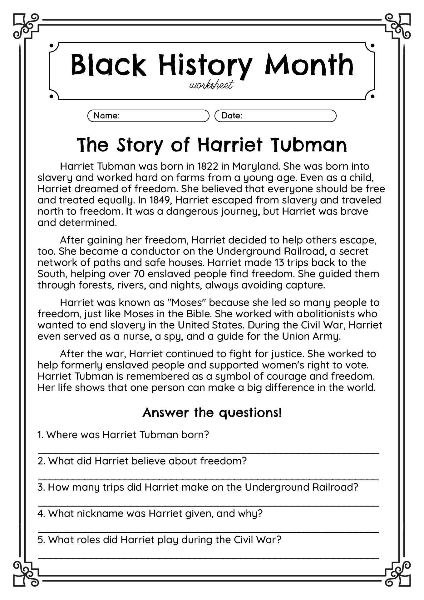 Reading Comprehension Black History Worksheets