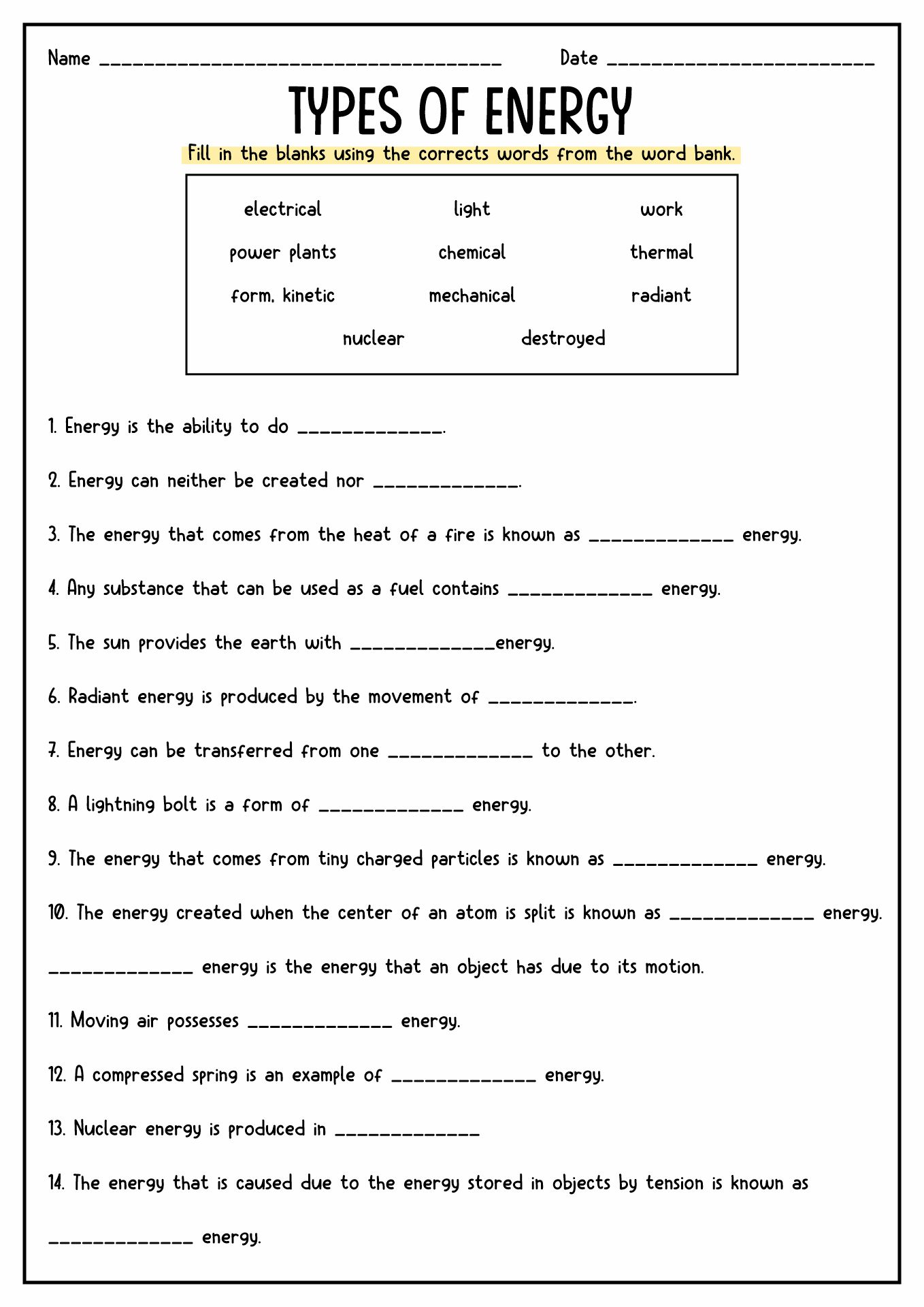 Free Printable Types Of Energy Worksheet