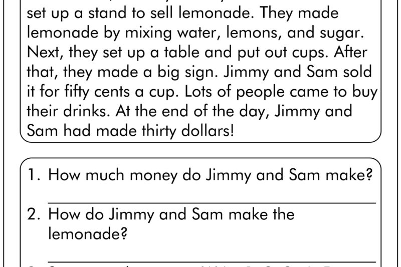Reading Comprehension Free Worksheets 1st Grade
