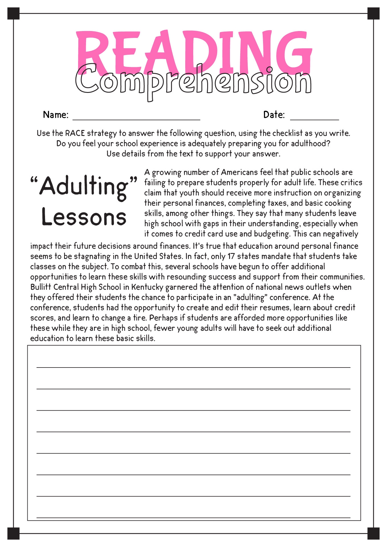 Reading Comprehension Strategy Worksheets