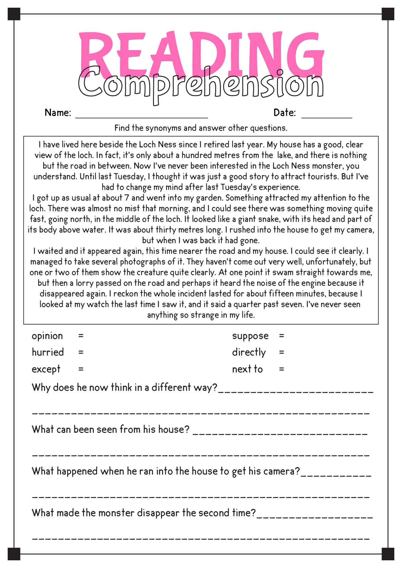Reading Comprehension Worksheets Advanced Level Pdf