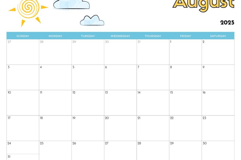 Printable Preschool August Calendar