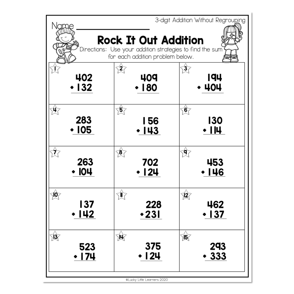 2nd Grade Math Worksheets 3 Digit Addition Without Regrouping Rock It Out Addition Lucky Little Learners