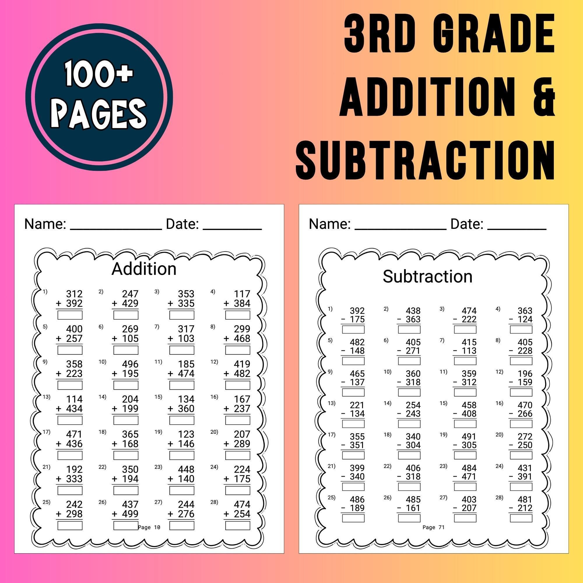 3rd Grade Math Worksheet Addition Subtraction 3rd Grade Homeschool Printable 4th Grade Math Addition Table Math Sheet Home School Resource Etsy