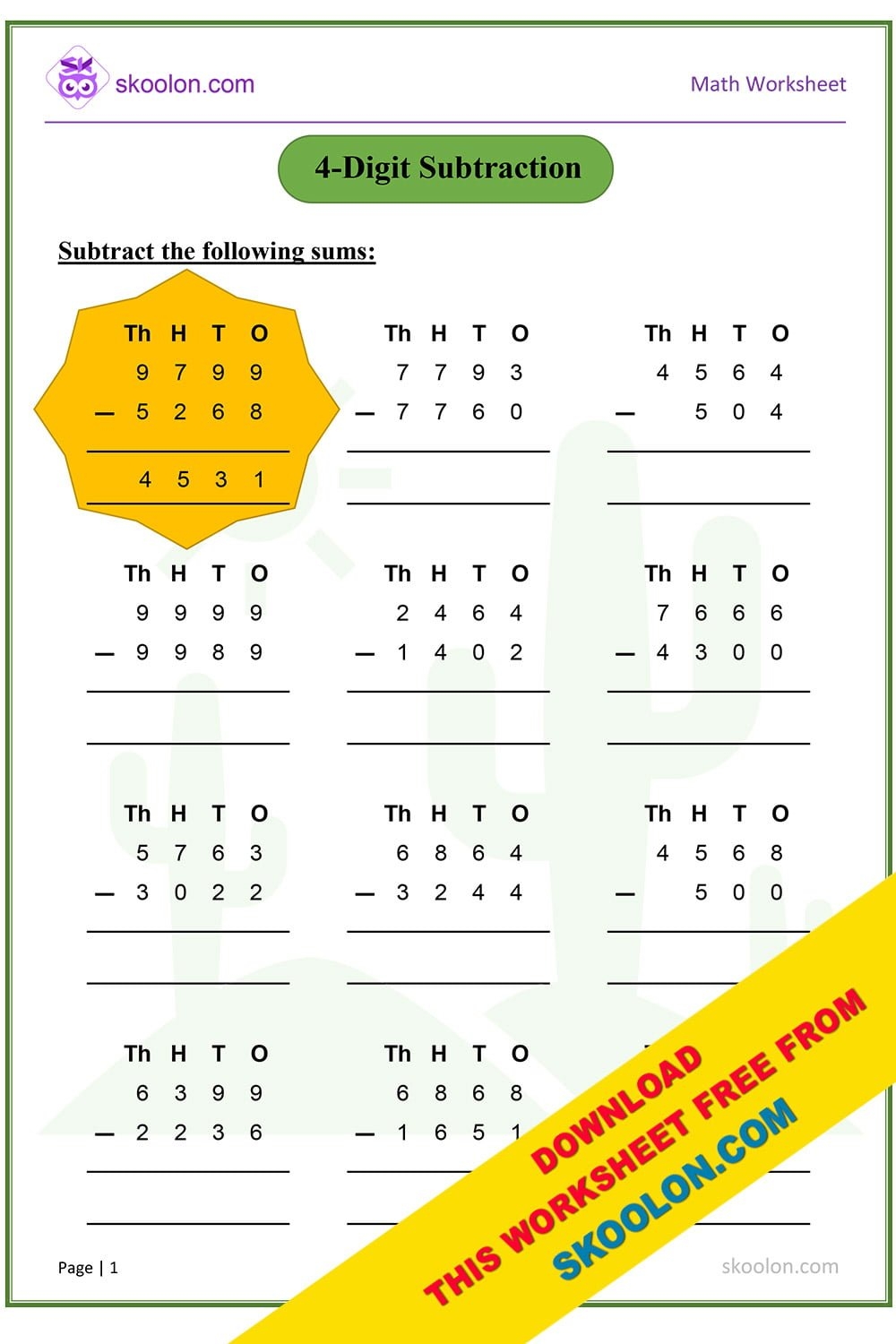 Math 3rd Grade Subtraction Worksheet