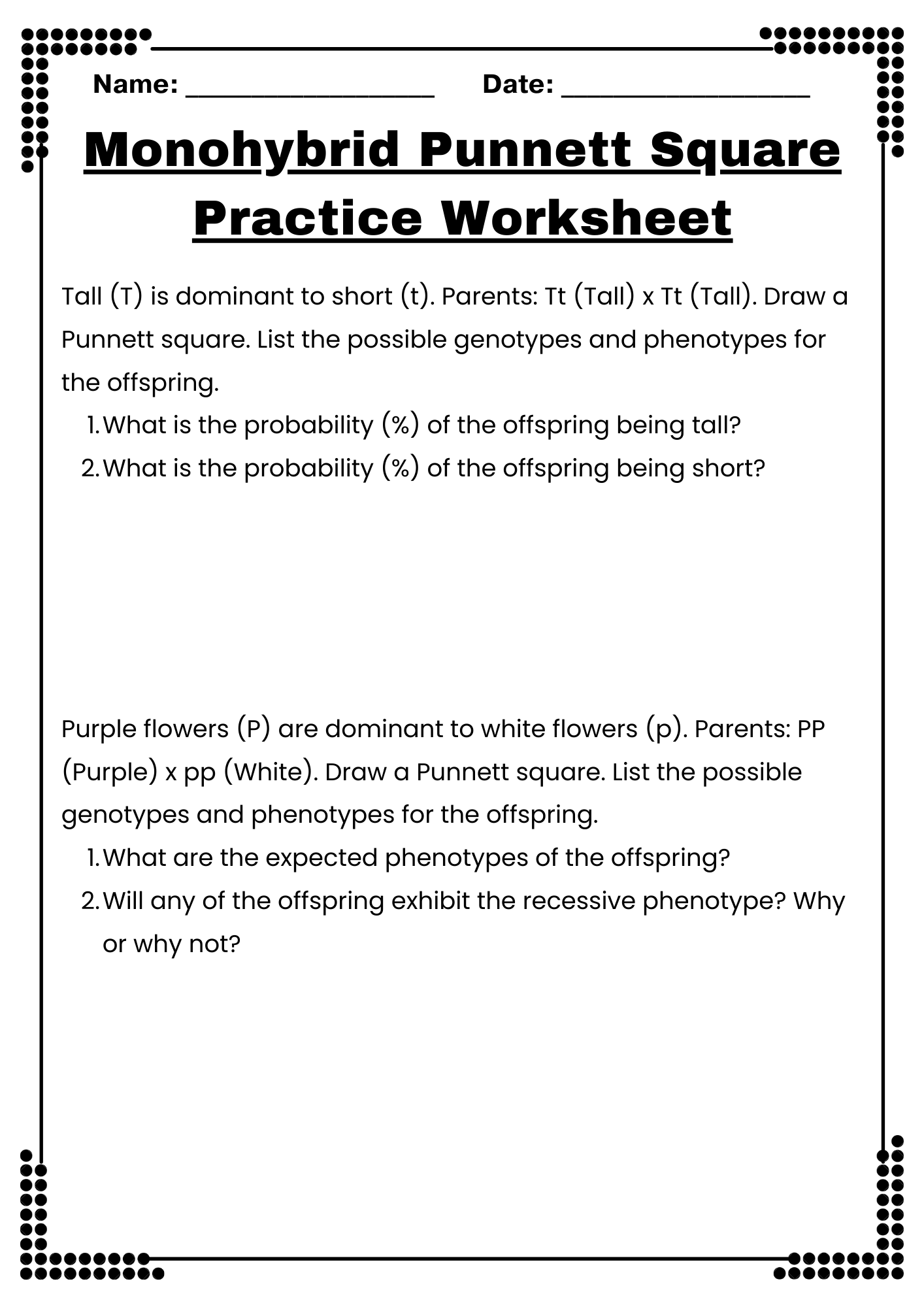 Punnett Square Practice Worksheet Free Printable