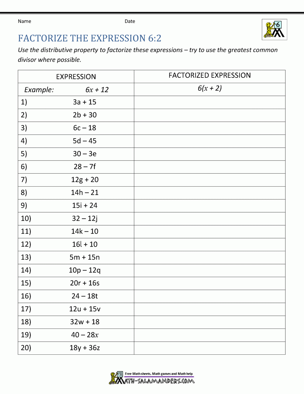 6th Grade Distributive Property Worksheets