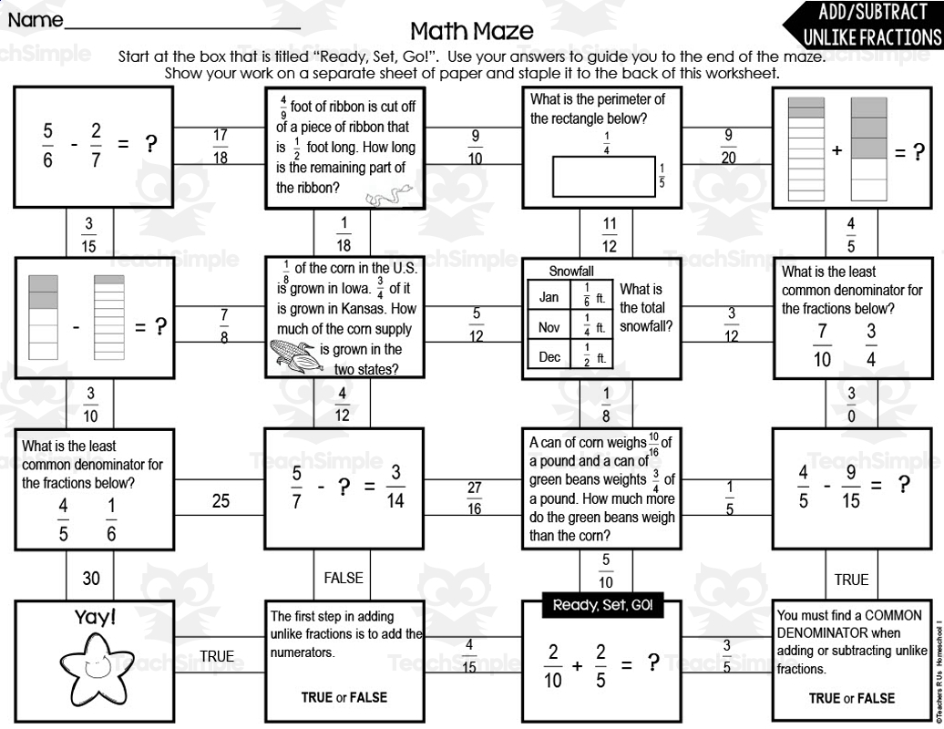 Add U0026 Subtract Unlike Fractions Math Maze By Teach Simple Add U0026 Subtract Unlike Fractions Math Maze By Teach Simple