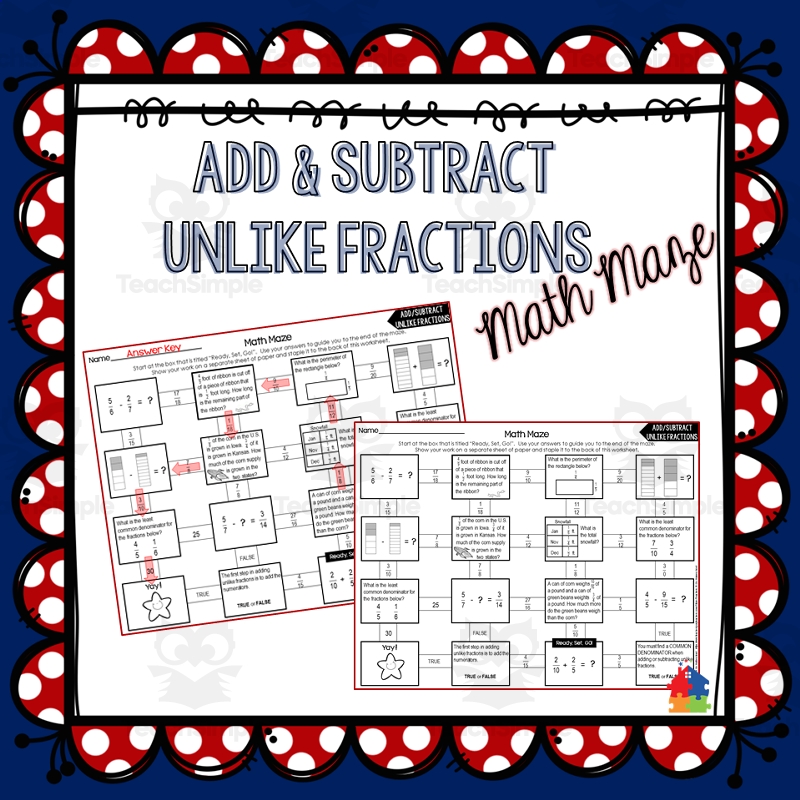 Add U0026 Subtract Unlike Fractions Math Maze By Teach Simple Add U0026 Subtract Unlike Fractions Math Maze By Teach Simple