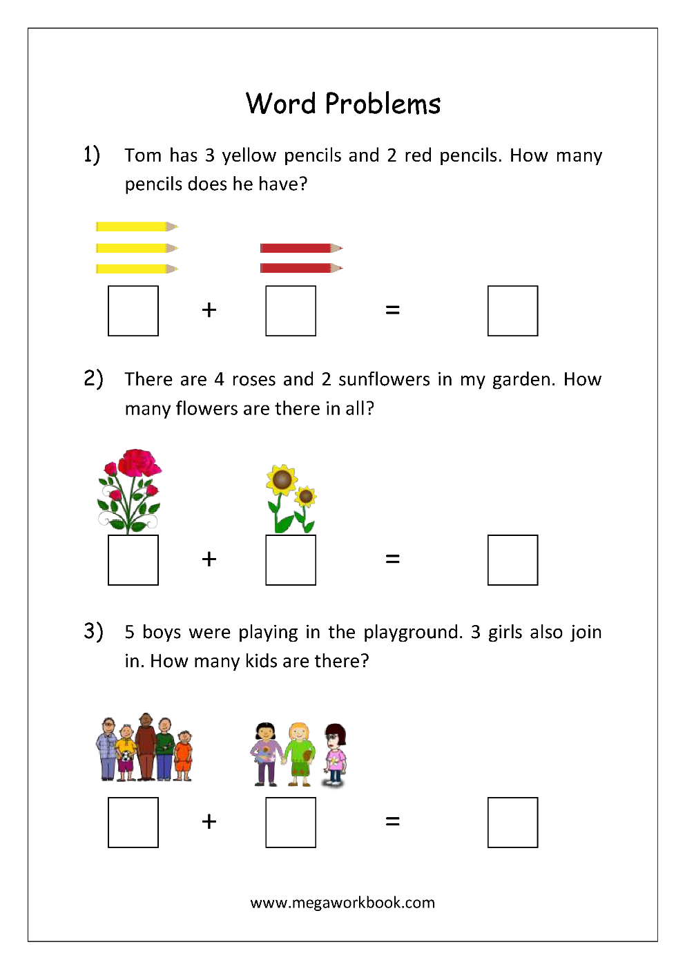 Addition And Subtraction Word Problems Worksheets For Kindergarten And Grade 1 Story Sums Story Problems MegaWorkbook