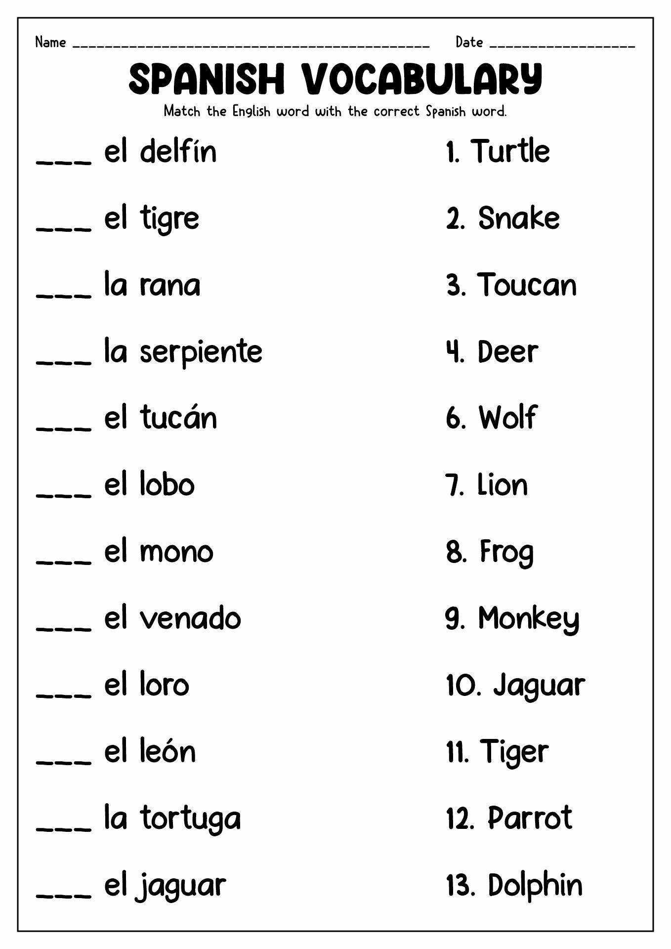 Animal Vocabulary Spanish Worksheets Spanish Words For Kids 