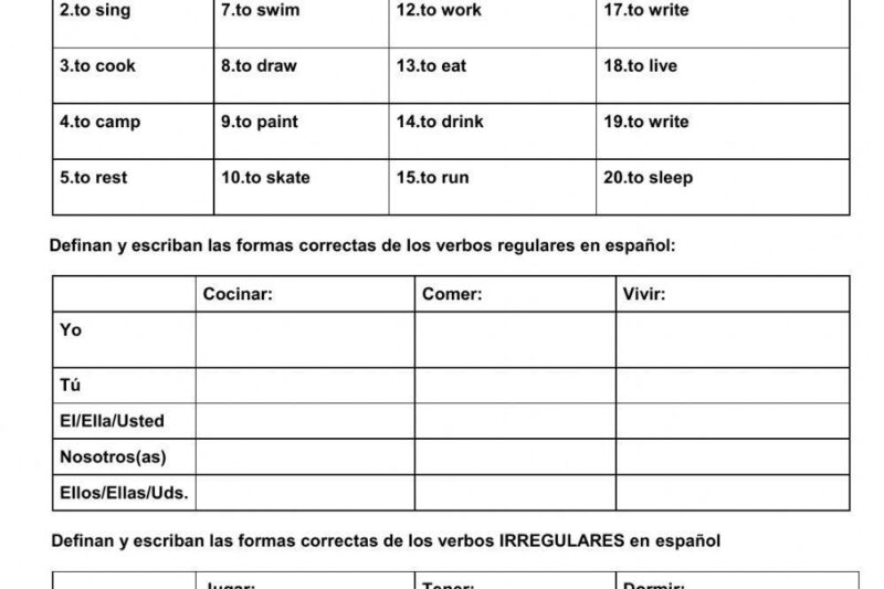 Free Printable Spanish Verb Conjugation Worksheets