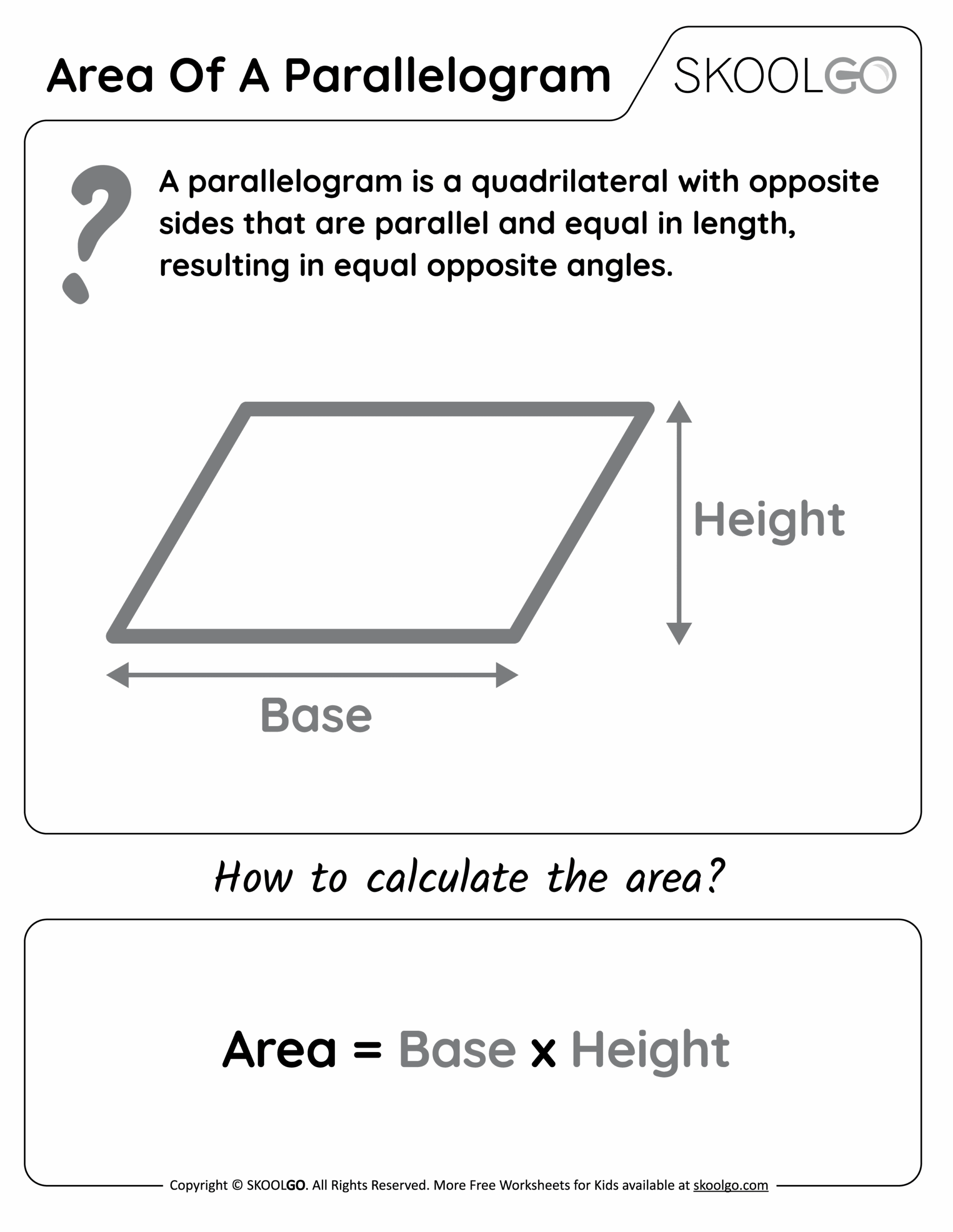 Area Of A Parallelogram Free Worksheet For Kids SKOOLGO Worksheets Library