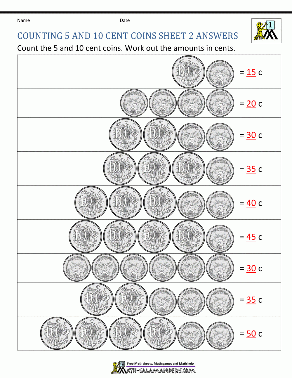 Kindergarten Australian Money Worksheets Printable