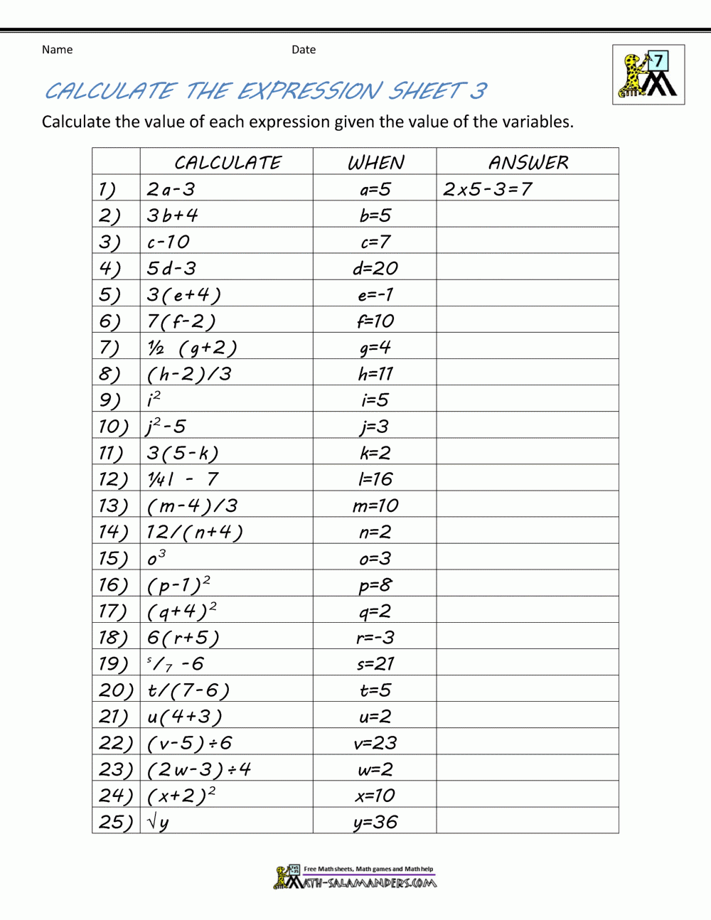 Free Printable Seventh Grade Math Worksheets
