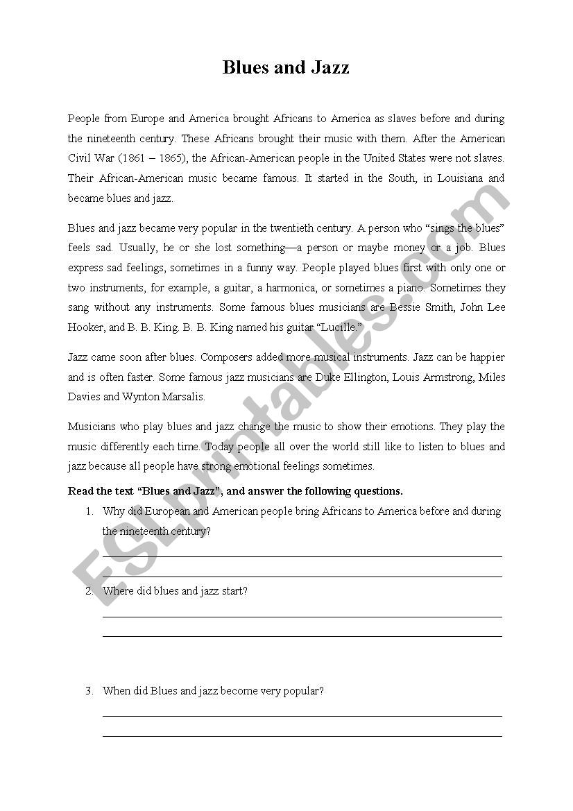 Blues And Jazz reading Comprehension ESL Worksheet By Soksann