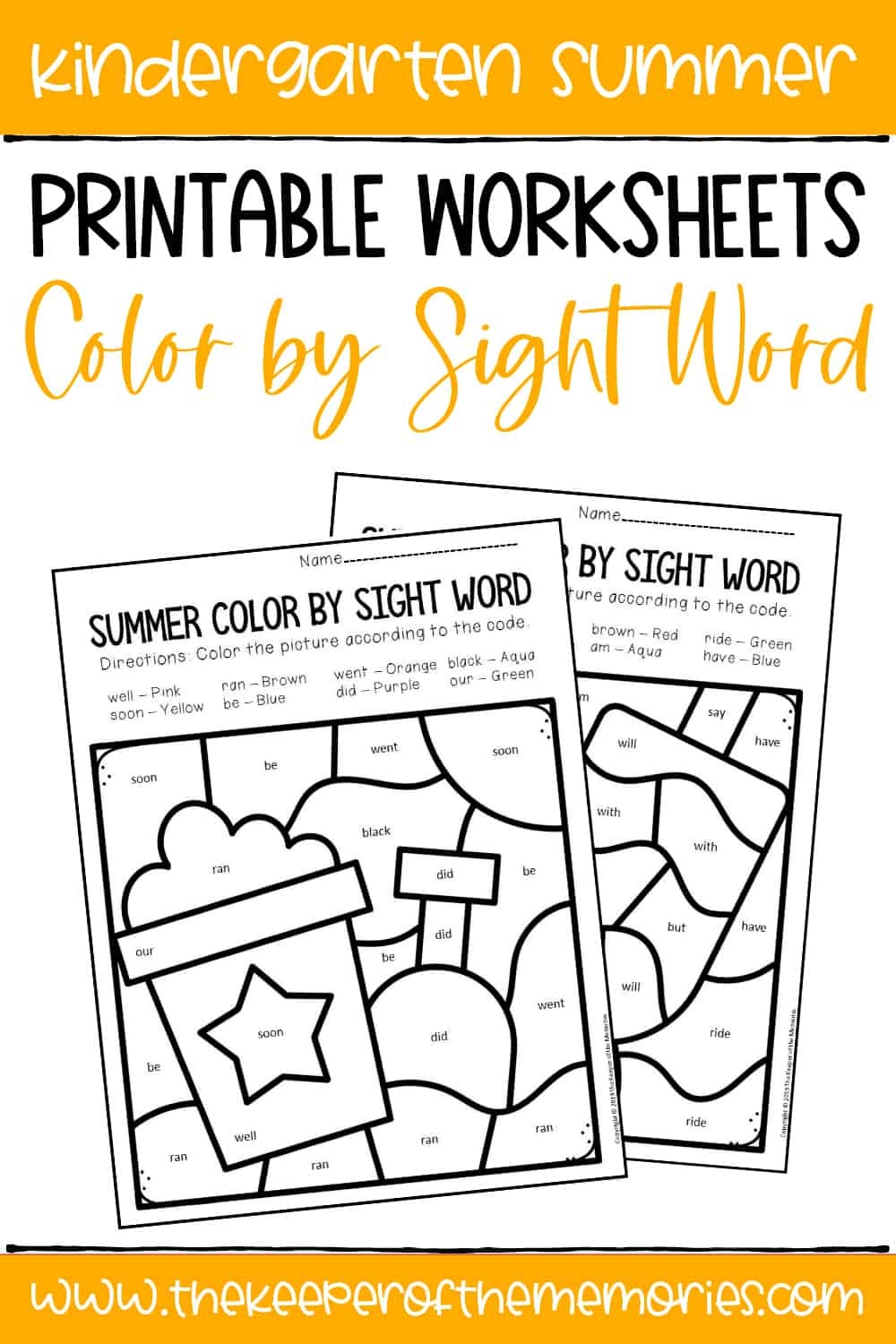 Color By Sight Word Summer Kindergarten Worksheets