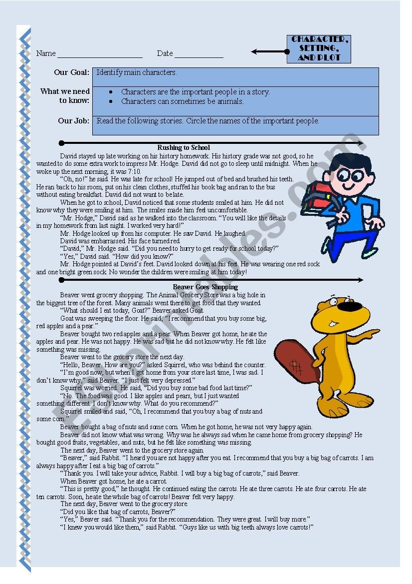 Comprehension Character Setting And Plot ESL Worksheet By Mvblair