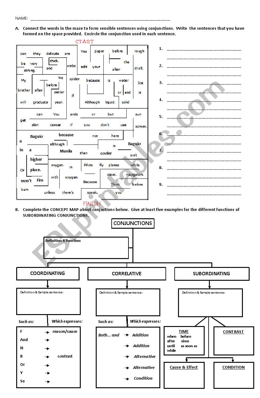 Conjunctions Maze And Concept Map ESL Worksheet By Sassy myers