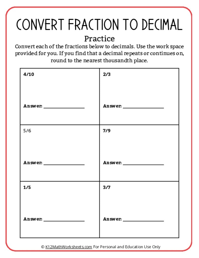 Free Printable Worksheets Decimals To Fractions