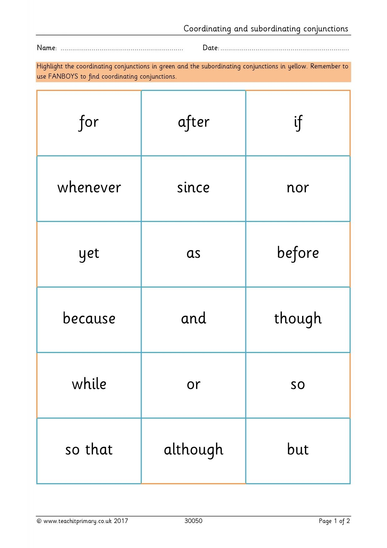 Coordinating And Subordinating Conjunctions Grammar KS2 Teachit Worksheets Library