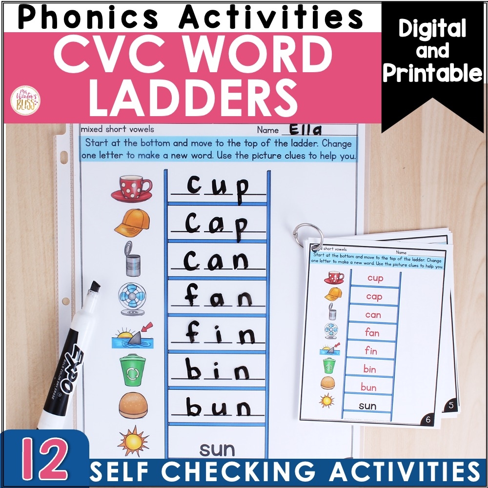 CVC Word Ladders Printable And Digital Phonics Activities Lead In Literacy Resources For Kindergarten 1st U0026 2nd Grade