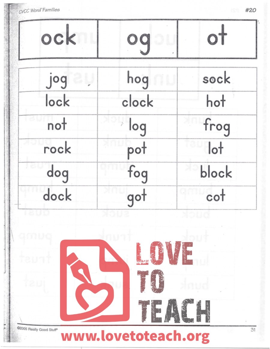 CVCC Word Families Ock Og Ot LoveToTeach