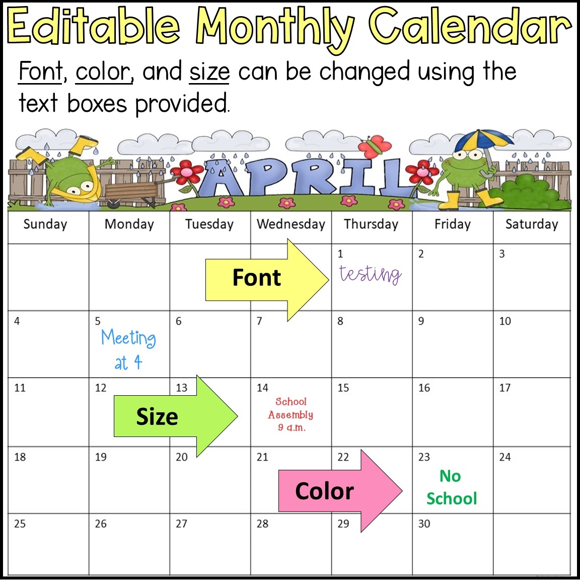 Editable Monthly Calendar
