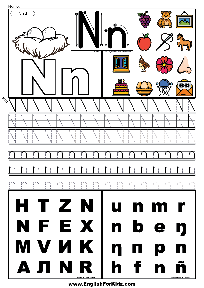English For Kids Step By Step Letter N Worksheets Flash Cards 