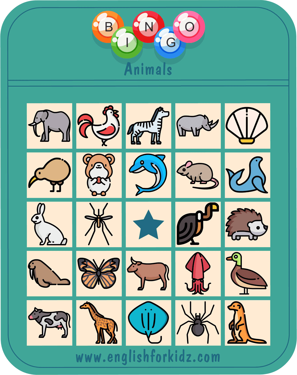 English For Kids Step By Step Printable Animals Bingo Game