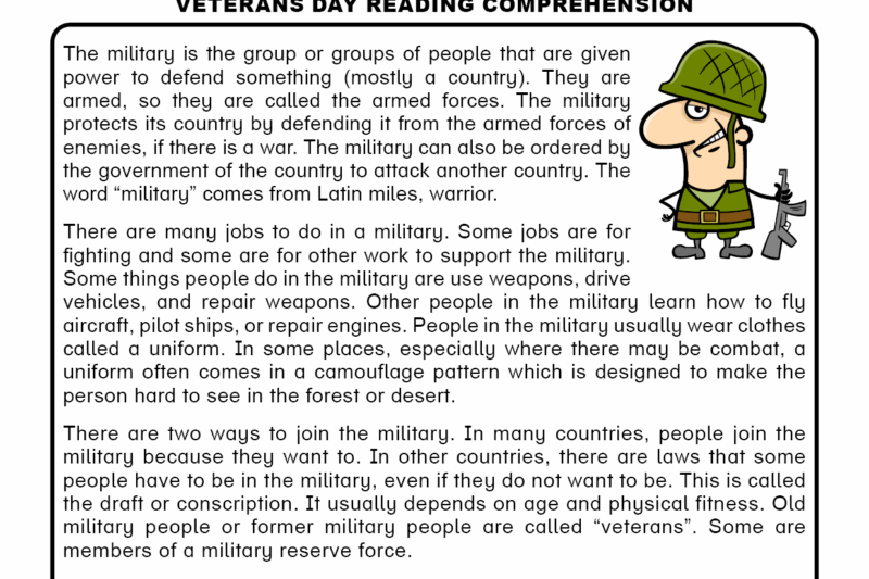 Veteran Day Reading Comprehension Worksheet