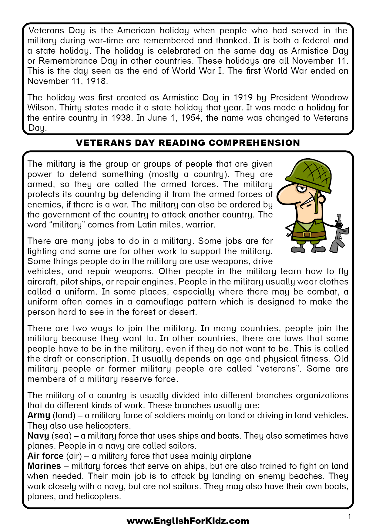 English For Kids Step By Step Veterans Day Reading Comprehension