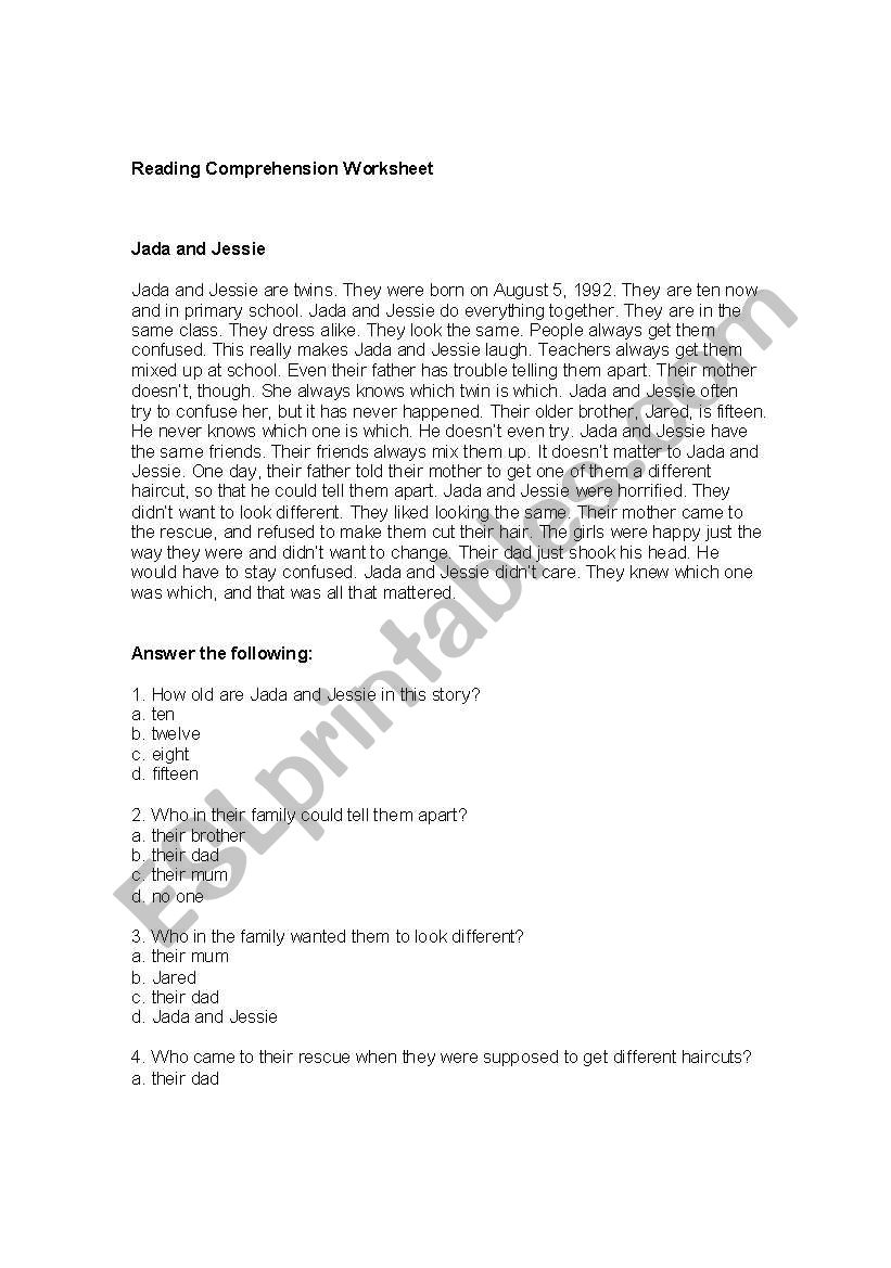 Grade 6 Reading Comprehension Worksheet