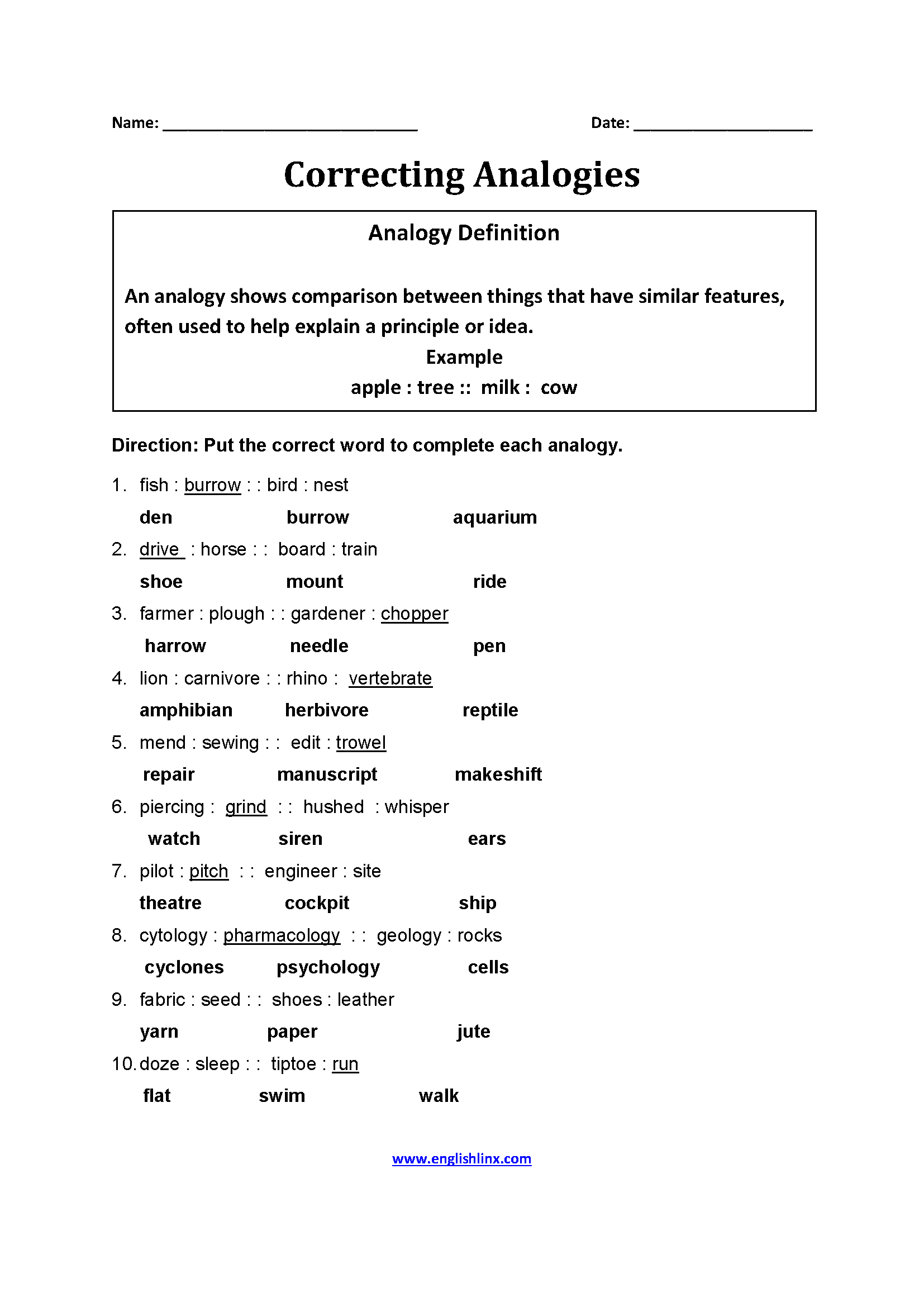 Free Printable Picture Analogy Worksheets