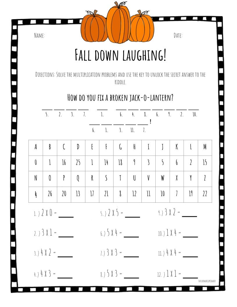 Fall Theme Secret Code Math Riddle Worksheets Multiplication 