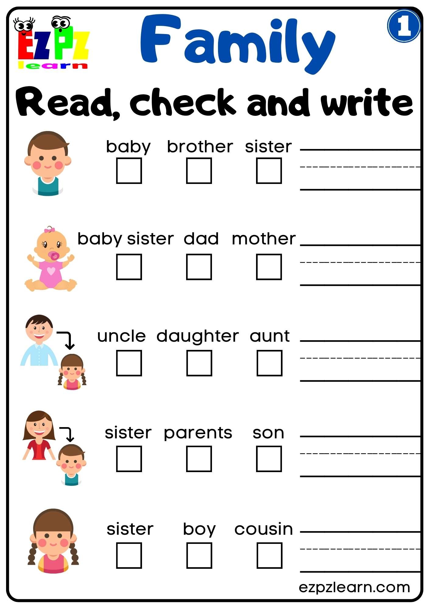Family Vocabulary Read Check And Write Activity For K5 Students 