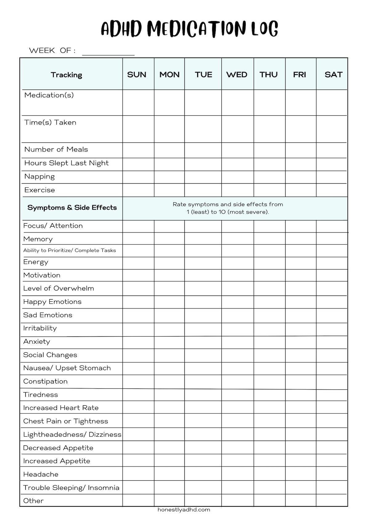 Free Printable Printable Migraine Diary Worksheets
