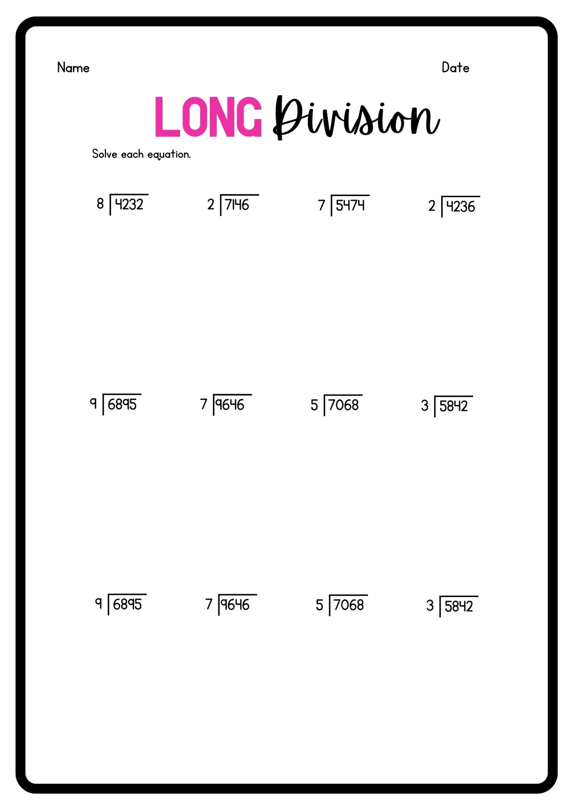 Math Long Division Worksheets