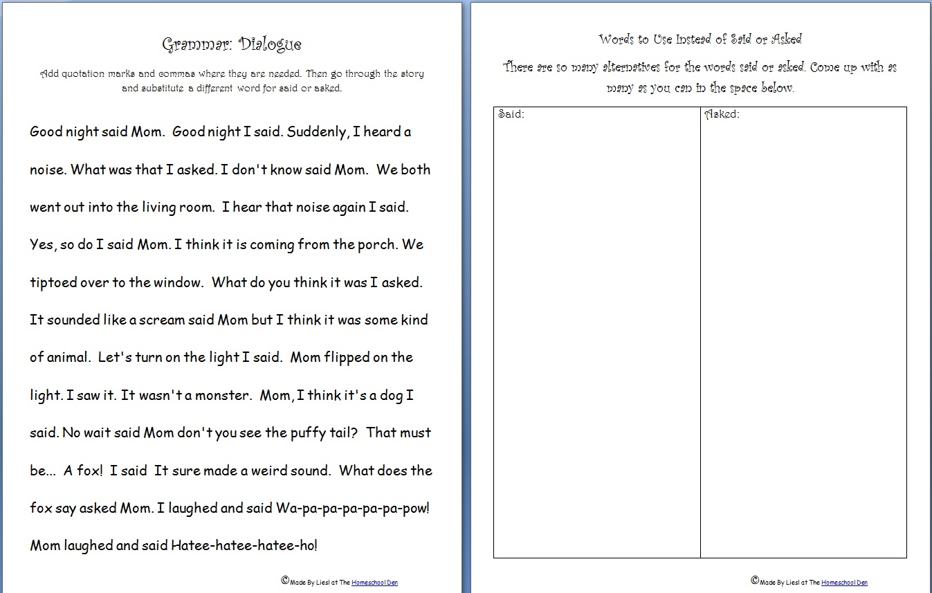 Free Grammar Practice Sheet Quotation Marks Said Asked Words Homeschool Den